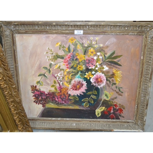 1514 - Modern British School, oil on board, still life, flowers in a vase on a table top, unsigned, 45 x 61... 