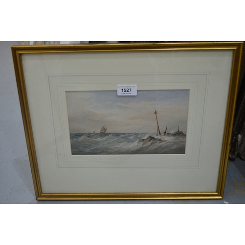 1527 - Thomas Sewell Robins, watercolour, shipping in a stiff breeze, signed with monogram, dated 1879, bea... 