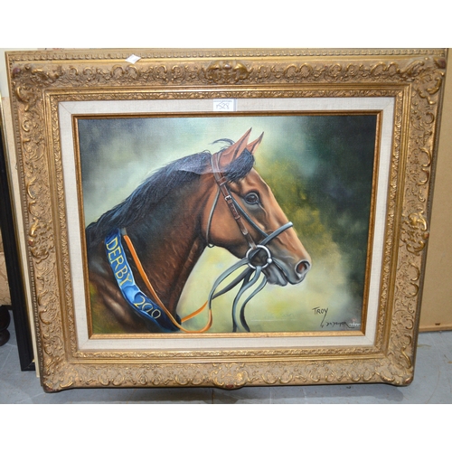 1528 - D. A. Denyer, two oils on canvas, portraits of racehorses, both gilt framed, 38 x 49cm and 49 x 59cm