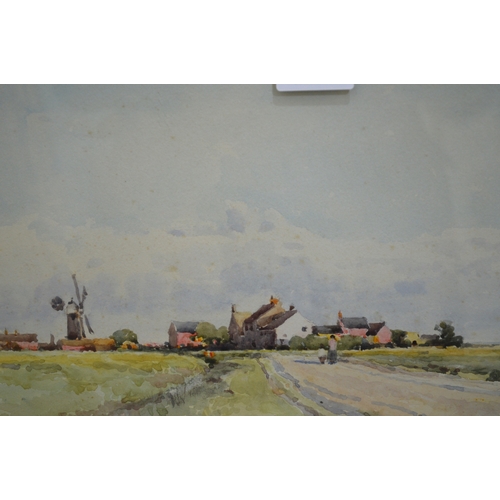 1530 - Margaret Bernard, watercolour, lowland scene with windmill, 20 x 50cm, gilt framed