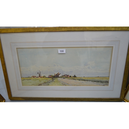 1530 - Margaret Bernard, watercolour, lowland scene with windmill, 20 x 50cm, gilt framed
