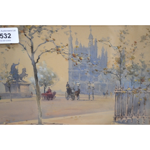 1532 - Watercolour figures, horses and carriages on the embankment at Westminster, indistinctly initialled,... 
