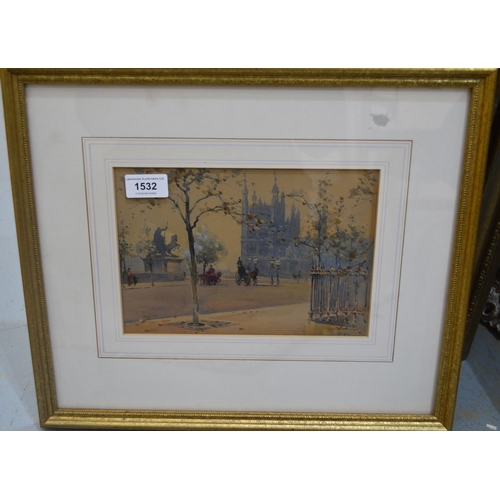 1532 - Watercolour figures, horses and carriages on the embankment at Westminster, indistinctly initialled,... 