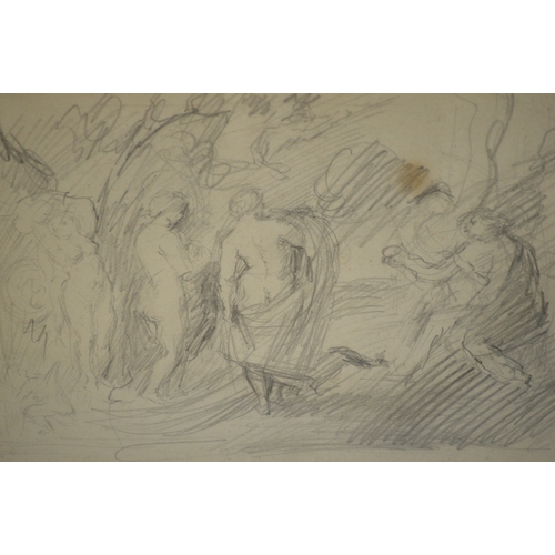 1546 - 19th / 20th Century pencil drawing, classical muses in a landscape, 17.5 x 23cm, oak framed