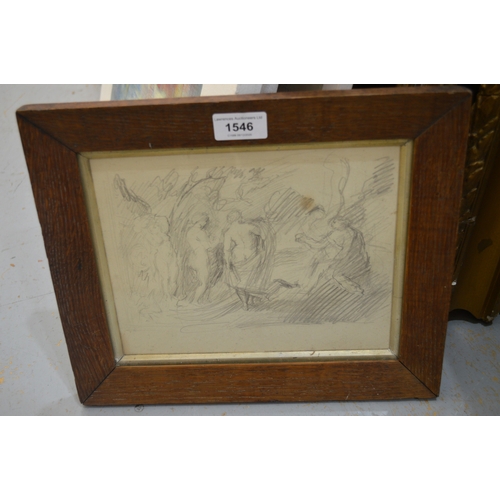 1546 - 19th / 20th Century pencil drawing, classical muses in a landscape, 17.5 x 23cm, oak framed