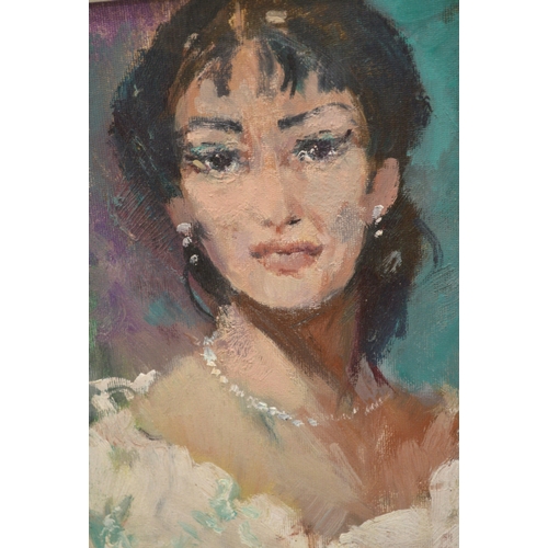 1547 - Mid 20th Century, oil on board, portrait of a lady wearing an evening dress, unsigned, 24 x 19cm in ... 