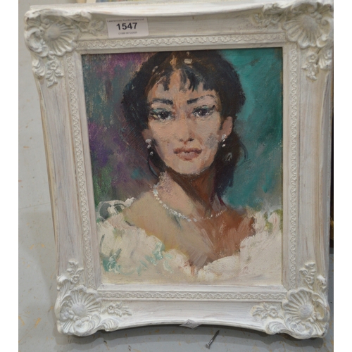 1547 - Mid 20th Century, oil on board, portrait of a lady wearing an evening dress, unsigned, 24 x 19cm in ... 