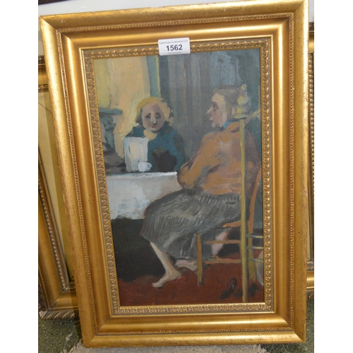 1562 - Camberwell School oil on board, study of two ladies seated at a table, 35 x 21cm