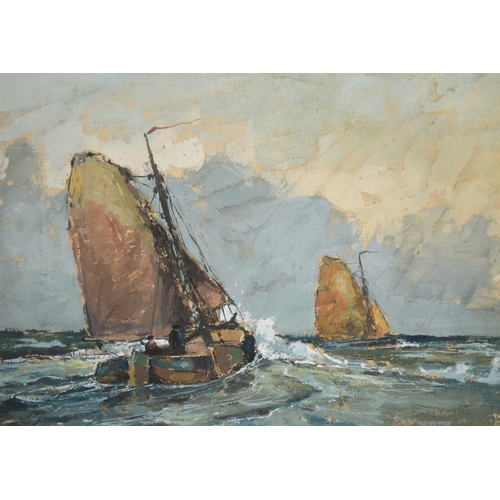 1563 - Gerhard Roemers, oil on canvas laid on card, signed, fishing smacks heading out at sea, 23 x 33cm