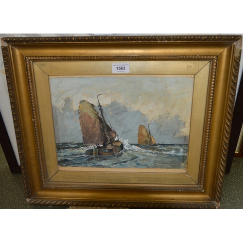 1563 - Gerhard Roemers, oil on canvas laid on card, signed, fishing smacks heading out at sea, 23 x 33cm