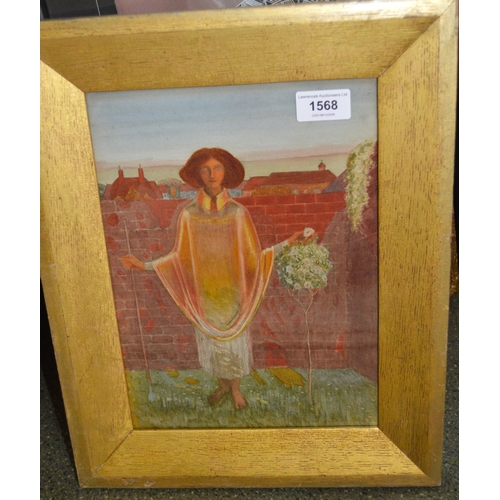 1568 - Pre-Raphaelite style watercolour, portrait of a young lady in a walled garden, reputed to be Elizabe... 