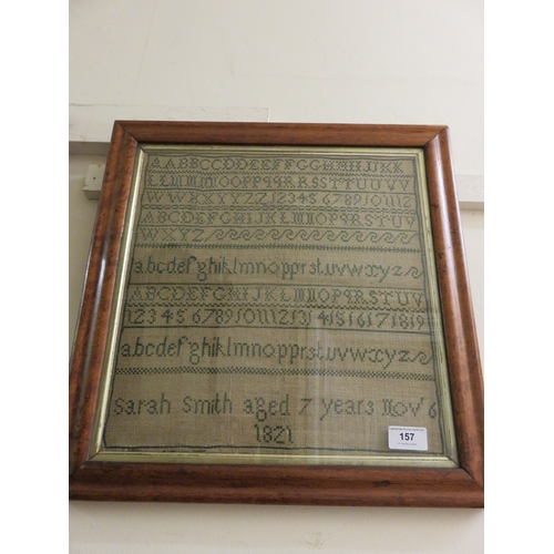 157 - 19th Century alphabet sampler by Sarah Smith aged 7, 1821, 34cm square, maple framed