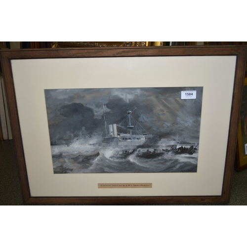 1584 - Frederick T Jane, gouache painting, maritime scene, inscribed ' Torpedo Boat 65 and HMS Sans Pareil ... 