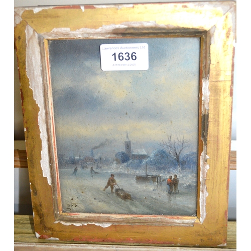 1636 - Small oil on board, winter scene with figures on ice and distant town, bearing monogram FAR, 15.5 x ... 