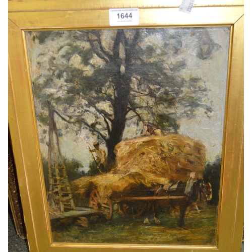1644 - Lawson Wingate, oil on canvas, figures harvesting with horse and haycart, signed in a gilt slip fram... 