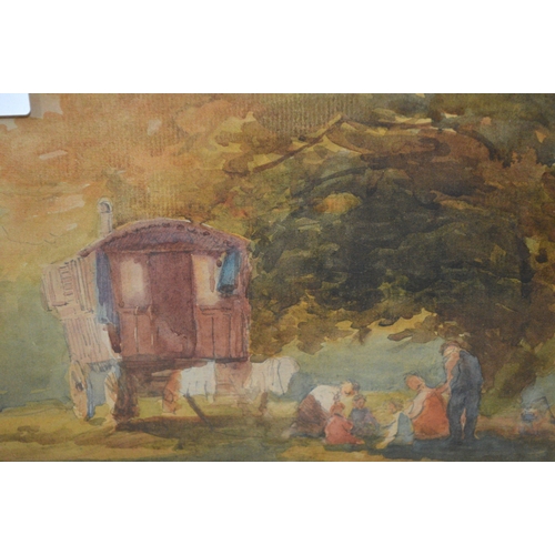 1671 - Tom Scott, watercolour, travellers encampment, signed, 15 x 24cm, gilt framed