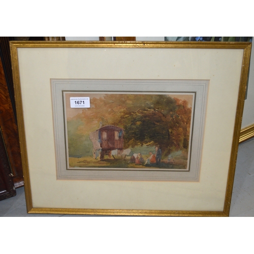 1671 - Tom Scott, watercolour, travellers encampment, signed, 15 x 24cm, gilt framed