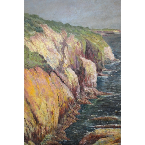 1675 - Modern British School oil on canvas coastal scene with cliffs, unsigned, 50 x 36cm unframed, togethe... 