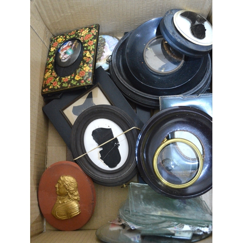 1676 - 19th Century oil on canvas miniature portrait of a lady wearing a lace bonnet, together with a quant... 