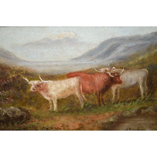 1677 - G. Gregory, oil on canvas, highland cattle in a landscape, 19 x 29cm, 1970, gilt framed