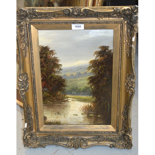 1680 - Pair of oil paintings on board, landscapes, 34 x 24cm, gilt framed, together with a framed watercolo... 