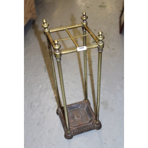 1689 - Good quality square brass and iron four division stick stand