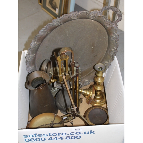 1725 - Pair of brass balance scales, pair of brass candle sticks and other miscellaneous metalware
