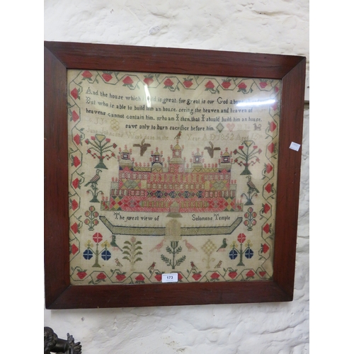 173 - 19th Century sampler ' The West View of Solomans Temple ' with verse and surrounded by various birds... 