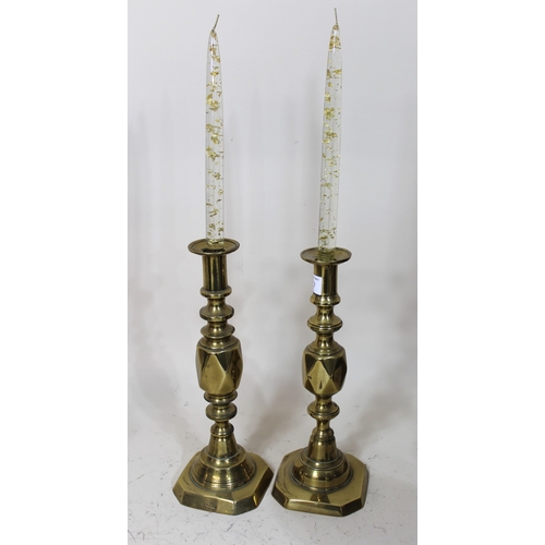 1737 - Early 20th Century brass hanging oil lamp with opaque glass shade, 52cm high, together with a pair o... 