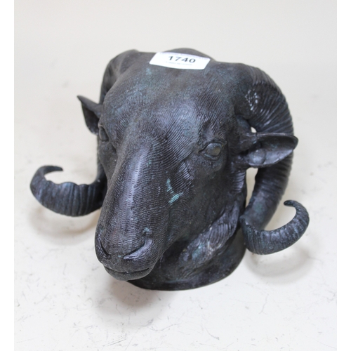 1740 - 20th Century dark patinated bronze wall mask in the form of a rams head, 18 x 19cm approximately