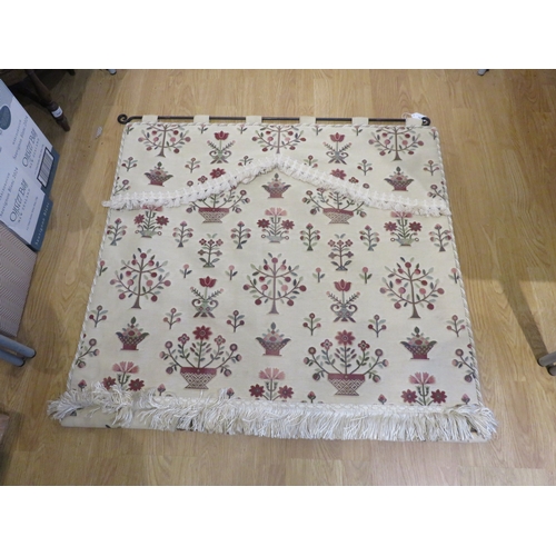 181 - Pair of machine tapestry window lines with wrought iron poles, 99 x 92cm