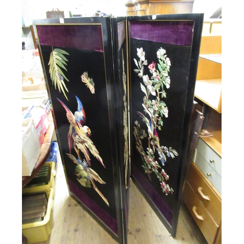 1827 - 19th / Early 20th Century ebonised and gilt three fold screen having bird and floral embroidered pan... 