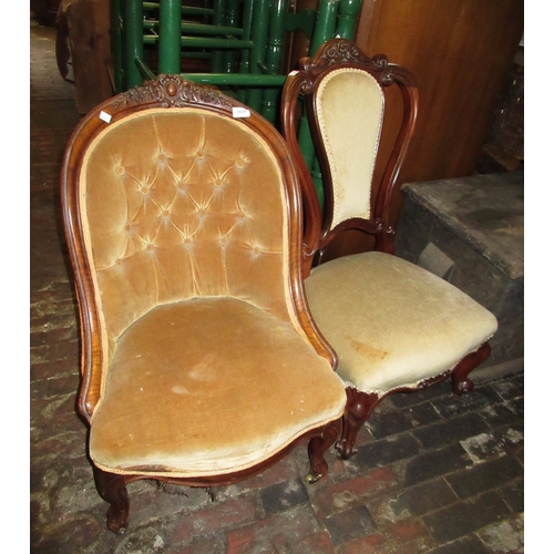 1829 - Victorian button upholstered low seat nursing chair, together with another similar chair
