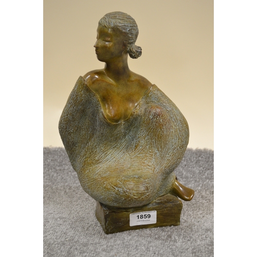 1859 - Nadine Enakieff, brown and green patinated bronze figure of a seated girl, signed in the bronze and ... 