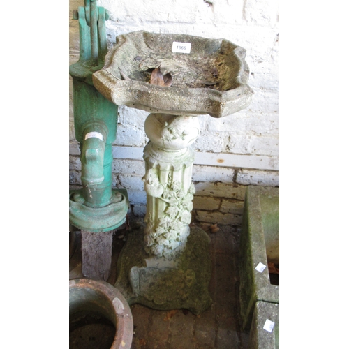 1866 - Weathered cast concrete garden bird bath and a cast iron water pump