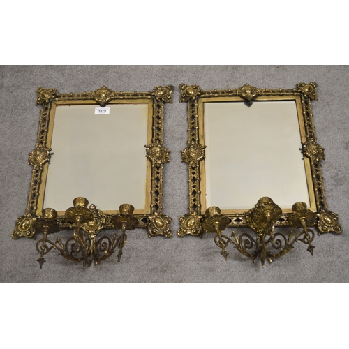 1879 - Pair of Victorian gilt brass three branch mirror inset girandoles