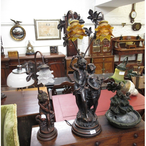 1887 - Reproduction brown patinated composite figural table lamp, 79cm high, together with two similar smal... 