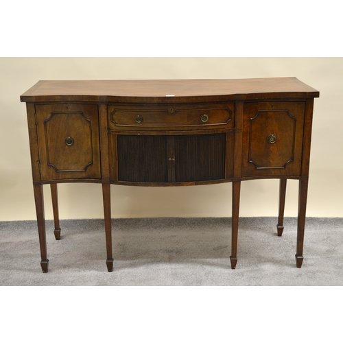 1897 - George III style mahogany semi bow front sideboard with a drawer and pair of tambour doors flanked b... 