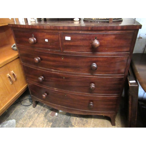 1898 - George IV mahogany bow front chest of drawers, the top with an ebony strung edge above two short and... 