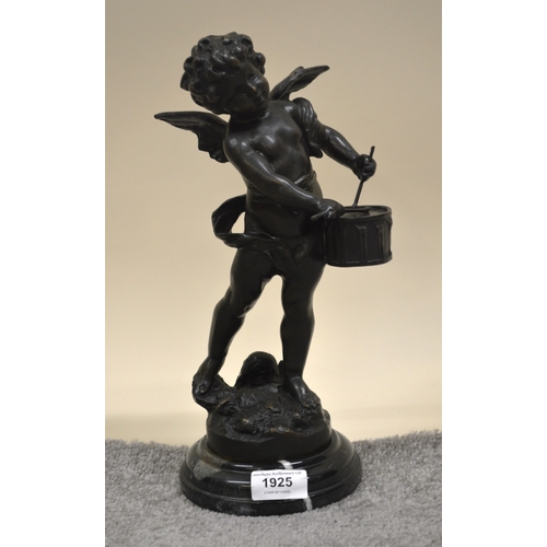 1925 - Late 20th Century patinated bronze sculpture of a winged cherub drummer on circular moulded marble p... 
