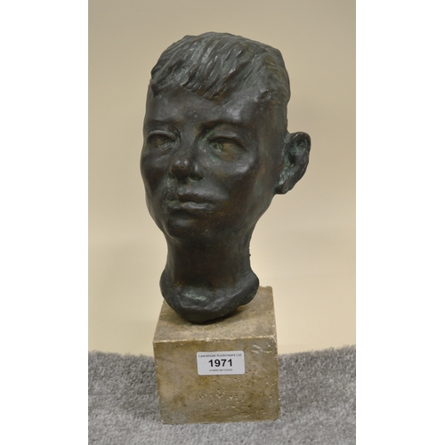 1971 - 20th Century brown patinated bronze sculpture, head of a boy, signed indistinctly in the bronze, mou... 