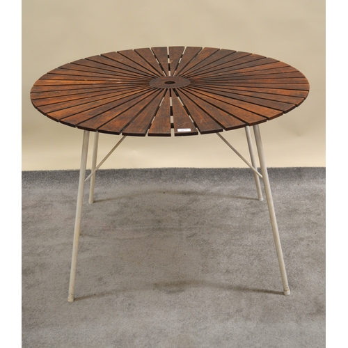 2020 - BKS (Daneline), two circular teak garden tables with white painted steel bases, 98cm diameter, toget... 