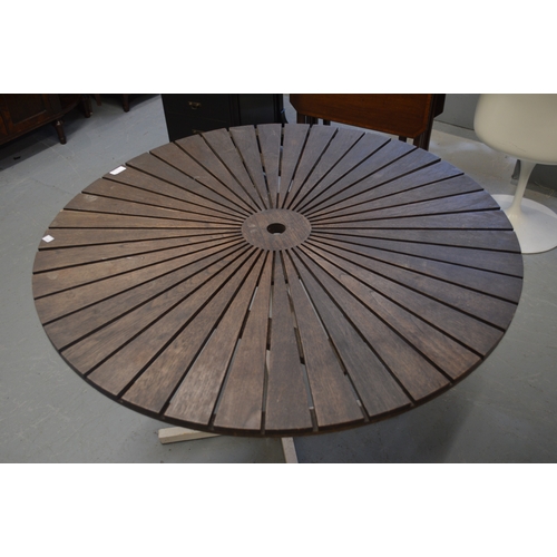 2020 - BKS (Daneline), two circular teak garden tables with white painted steel bases, 98cm diameter, toget... 