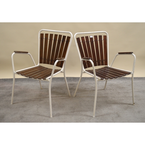 2020 - BKS (Daneline), two circular teak garden tables with white painted steel bases, 98cm diameter, toget... 