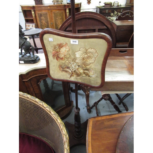 2048 - 19th Century mahogany adjustable pole screen having plush velvet and silkwork floral decorated panel... 