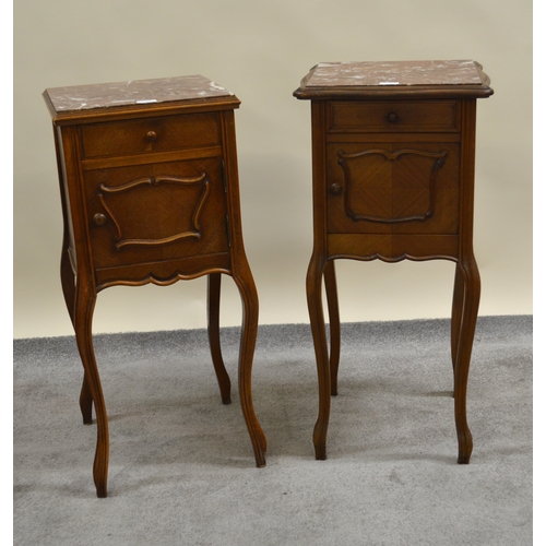 2066 - Near pair of 19th Century French walnut bedside cabinets with rouge marble tops on cabriole supports
