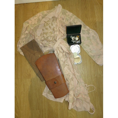 210 - Ladies 1950s black dress, together with a vintage negligee, two leather tie cases, box of various mo... 