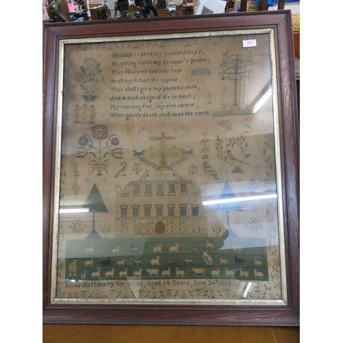 211 - Large unusual 19th Century needlework sampler with poem and mansion house surrounded by various flow... 