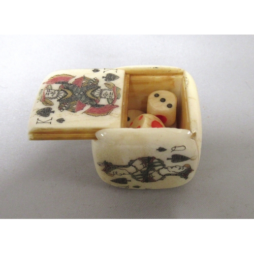 445 - Miniature bone prisoner of war style box in the form of a dice, painted with various playing cards a... 