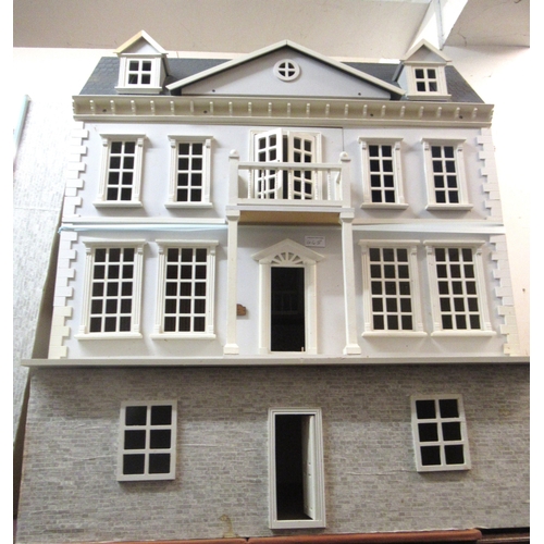 448 - Large modern dolls house in Georgian style with a quantity of various furnishings and lighting
